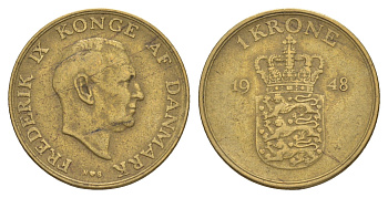 Дания 1 крона 1948 N, Фредерик IX (1947-1972) KM 837 алюминиевая бронза 4638-712