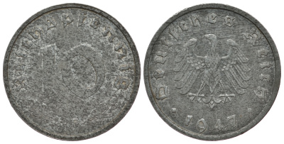 Германия 10 рейхспфеннигов 1947 F, оккупация Германии союзными войсками J. 375, KM A104 цинк 413-521