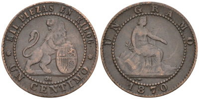 Испания 1 сентимо 1870 ОМ, временное правительство (1869-1874) KM 660 медь 4576-334