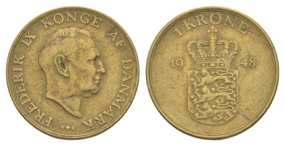 Дания 1 крона 1948 N, Фредерик IX (1947-1972) KM 837 алюминиевая бронза 4638-712