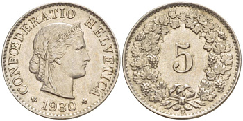 ШВЕЙЦАРИЯ 5 РАППЕНОВ 1930 В KM 26 медно-никель 4532-927