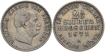 ПРУССИЯ 2 1/2 ГРОША 1871 А, ВИЛЬГЕЛЬМ I (1861-1888) KM 486 серебро 201-656