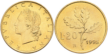 Италия 20 лир 1995 R, дубовый лист KM 97.2 алюминиевая бронза  UNC  4594-1014