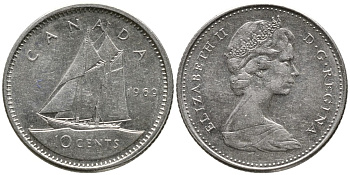 КАНАДА 10 ЦЕНТОВ 1969 ЕЛИЗАВЕТА II (1952-), ПАРУСНИК, ВТОРОЙ ПОРТРЕТ В КОРОНЕ KM 77.1 никель 4532-813