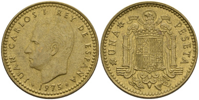 Испания 1 песета 1975 (79) Хуан Карлос I (1975-2014) KM 806 алюминиевая бронза 4604-222