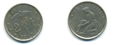 БЕЛЬГИЯ 2 ФРАНКА 1923 BELGIQUE KM 91.1 никель 83-1046