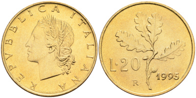 Италия 20 лир 1995 R, дубовый лист KM 97.2 алюминиевая бронза  UNC  4594-1014