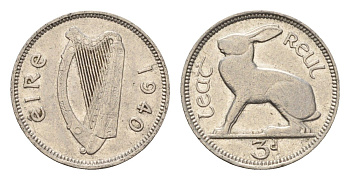 Ирландия 3 пенса 1940 заяц KM 12 никель 270-1215