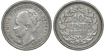 Нидерланды 10 центов 1936 Вильгельмина I (1890-1948) КМ 163 серебро 72-1653