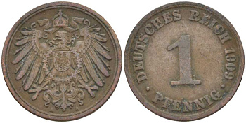 ГЕРМАНИЯ 1 ПФЕННИНГ 1909 А KM 10, J. 10 медь 201-933