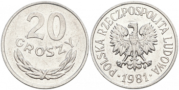 ПОЛЬША 20 ГРОШЕЙ 1981 MW KM А47 алюминий 4516-546