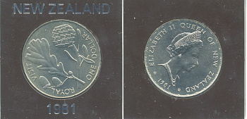 Новая Зеландия 1 доллар 1981 Королевский визит, английский дуб, Елизавета II (1952-2022), в оригинальной пластиковой упаковке KM 50 медно-никель UNC 3-4-9-22
