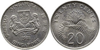 Сингапур 20 центов 1988 KM 52 медно-никель 4382-1127