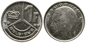 БЕЛЬГИЯ 1 ФРАНК 1989 BELGIQUE KM 170 железо плакированное никелем 83-436