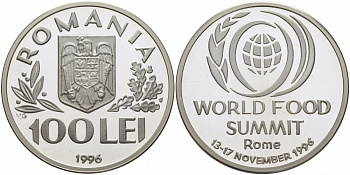 Румыния 100 леев 1996 FAO, мировой саммит продовольствия в Риме ​KM 133 серебро PROOF 11-173-42