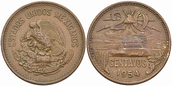 МЕКСИКА 20 СЕНТАВО 1954 KM 439 бронза 109-533