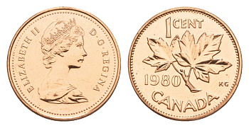 Канада 1 цент 1980 Елизавета II (1952-2022), кленовый лист KM 127 бронза PROOF-LIKE (BU) 4630-936