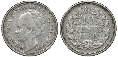 Нидерланды 10 центов 1936 Вильгельмина I (1890-1948) КМ 163 серебро 72-1653