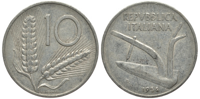 ИТАЛИЯ 10 ЛИР 1954 R, КОЛОСЬЯ, ПЛУГ KM 93 алюминий VG 4182-522