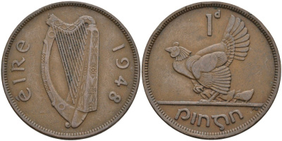 Ирландия 1 пенни 1948 курица с цыплятами KM 11 бронза 4137-716