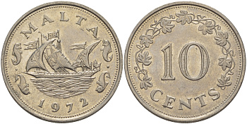 Мальта 10 центов 1972 баржа Великого магистра KM 11 медно-никель 82-614