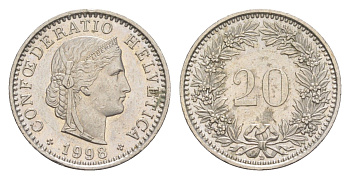Швейцария 20 раппенов 1998 B KM 29a медно-никель 4547-565