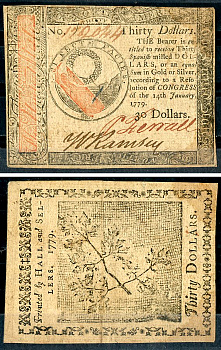 США, Континентальный доллар (Continental Currency) 30 долларов  1779 14 января 1779 г. № 172044. Венок на могиле, вьющиеся дымящиеся листья Friedberg № СС-93. Pick S193  бумага   10-2-29-1