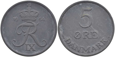 ДАНИЯ 5 ЭРЕ 1954 N; S, ФРЕДЕРИК IX (1947-1972) KM 843.1 цинк 38-412