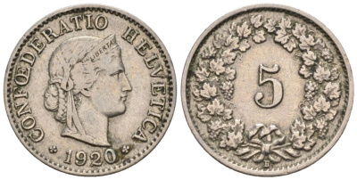 Швейцария 5 раппенов 1920 В KM 26 медно-никель 4576-922