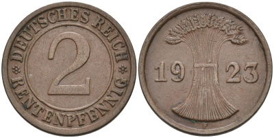 Германия 2 рентенпфеннига 1923 F, выпуск 1924 года KM 31, J.307, Weege 3 медь 4584-556