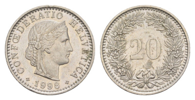 Швейцария 20 раппенов 1998 B KM 29a медно-никель 4547-565