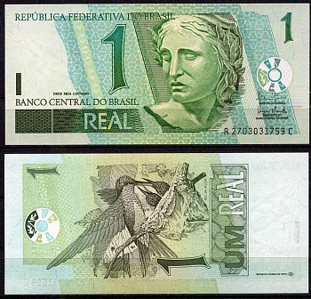 Бразилия 1 реал 2003 серия А-С 2703, скульптура Республики, CdM-B Pick 251 бумага UNC (пресс)   447-21-1