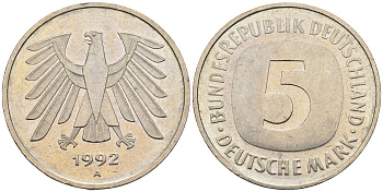 ФРГ 5 марок 1992 A, KM 140.1 , J 415 медно-никель плакированный никелем 85-1157