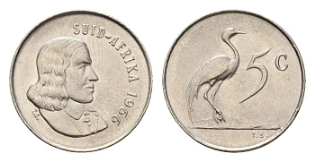 ЮАР 5 центов 1965 Ян ван Рибек (1619-1677), Suid Africa, легенда на африкаанс, райский журавль KM 67.2 никель 4679-148