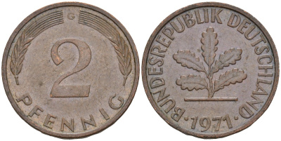 ФРГ 2 пфеннига 1971 G KM 106a, J.381 сталь плакированная медью 3955-1168