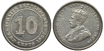 Стрейтс-Сетлментс 10 центов 1927 Георг V (1910-1936) КМ 29b серебро 53-655