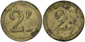 Франция 2 франка XIX-XX век ресторанный жетон латунь 4166-953
