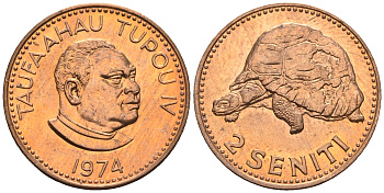 Тонга 2 сенити 1974 король Тауфа’ахау Тупоу IV (1967-2006), черепаха KM 28 бронза  UNC  220-1154