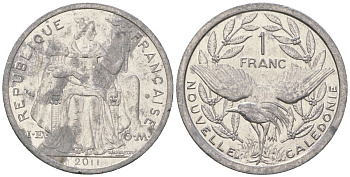 Французская Новая Каледония 1 франк 2011 птица кагу, (IEOM) KM 10, Schoen 10 алюминий 35-1454
