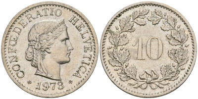 Швейцария 10 раппенов 1973 KM 27 медно-никель 4364-1341