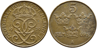 Швеция 5 эре 1930 Густав V (1907-1950) KM 779.2 бронза 4394-922