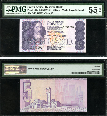 ЮАР 5 рандов ND (1978-81) Бартоломеус Вермуйден, шахты, английский-африкаанс, в слабе PMG 55 About Uncirculated Pick 119 a бумага  aUNC  452-1-58