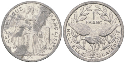Французская Новая Каледония 1 франк 2011 птица кагу, (IEOM) KM 10, Schoen 10 алюминий 35-1454