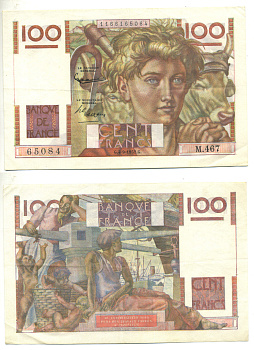 ФРАНЦИЯ 100 ФРАНКОВ 1952 4 ОКТЯБРЯ 1952 Pick 128d бумага 3295-31-1