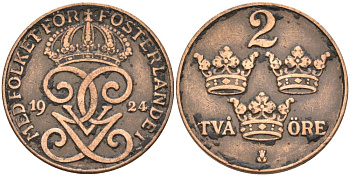 Швеция 2 эре 1924 Густав V (1907-1950) KM 778 бронза 63-1142