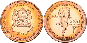 Танзания 2000 шиллингов 1996 XXVI Олимпийские игры 1996 года в Атланте, 100 лет Олимпийскому движению, бег, пробник, гладкий гурт медь PROOF 06-134-45
