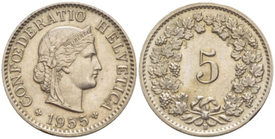 ШВЕЙЦАРИЯ 5 РАППЕНОВ 1955 В KM 26 медно-никель 4532-948