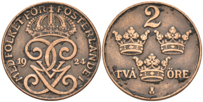 Швеция 2 эре 1924 Густав V (1907-1950) KM 778 бронза 63-1142
