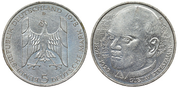 ФРГ 5 МАРОК 1978 D, 100 ЛЕТ СО ДНЯ РОЖДЕНИЯ ГУСТАВА ШТРЕЗЕМАНА KM 147, J. 422 серебро UNC 71-1153