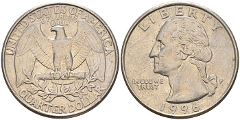 США 25 центов (квотер) 1996 P, Вашингтон KM A164a медь плакированная медно-никелем 4114-942